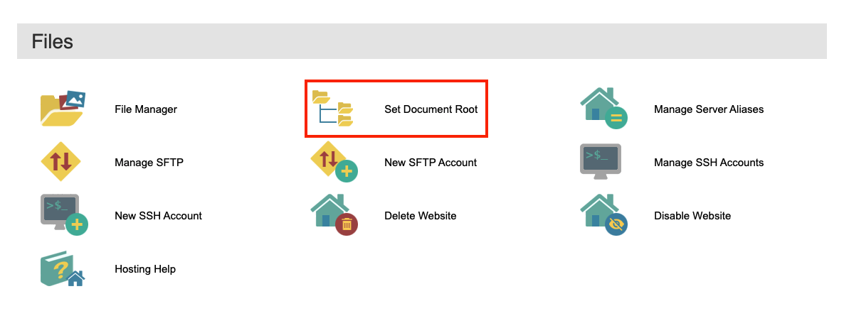 A picture of the webhosting manage website section highlighting the set document root button.